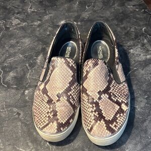 Women Michael Kors Beige and Brown Snake Print Slip-Ons
